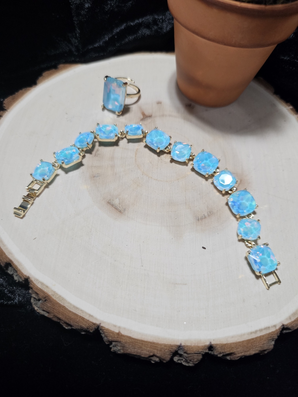 Gold Bracelet and Ring Set with Blue Opal Stones